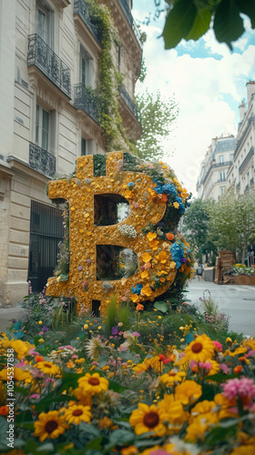 Obraz na płótnie handcrafted Bitcoin monument with plants and floral arrangements, emphasizing the concept of cryptocurrencies and digital finance in the context of technological investment and blockchain technology w salonie