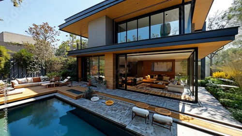 Wallpaper Mural Step into a beautifully designed house showcasing expansive glass walls, inviting gardens, and a peaceful pool area, perfect for relaxation Torontodigital.ca