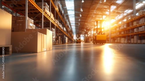 Golden Light Illuminates a Busy Warehouse, Highlighting Rows of Cardboard Boxes and a Forklift in Motion Amidst Soft Reflections