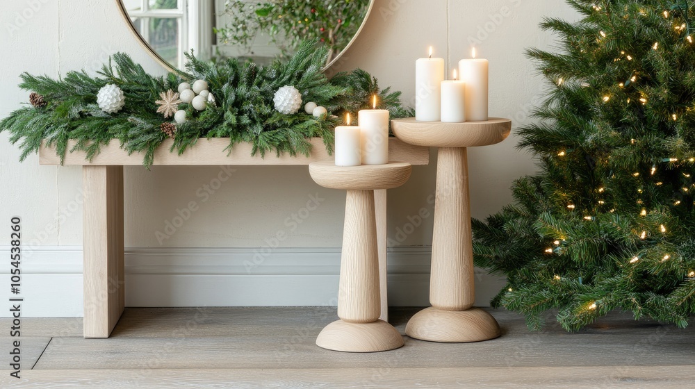 Three simple candle holders in natural wood tones are arranged with seasonal greenery, pinecones, and snowflakes, creating a cozy holiday ambiance Three simple candle holders in natural wood tones are arranged with seasonal greenery, pinecones, and snowflakes, creating a cozy holiday ambiance