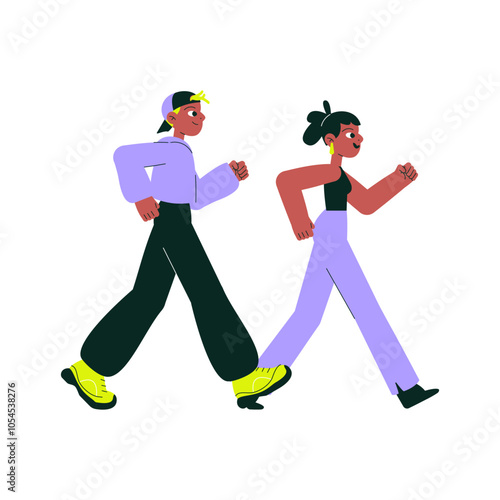Couple walking for fitness and exercise, isolated flat vector illustration symbolizing healthy lifestyle, outdoor activity, and physical wellness.