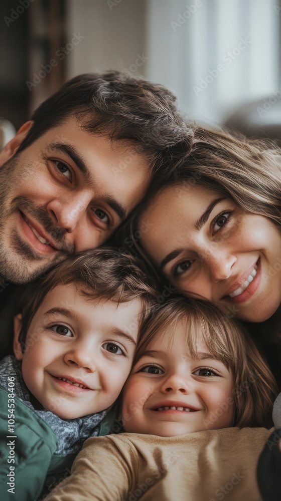 Happy Family Portrait with Two Children Smiling Together Happy Family Portrait with Two Children Smiling Together