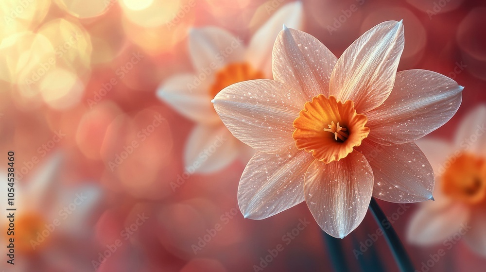 Close-up of daffodil with soft bokeh background, showcasing vibrant colors and delicate petals for spring-themed designs.