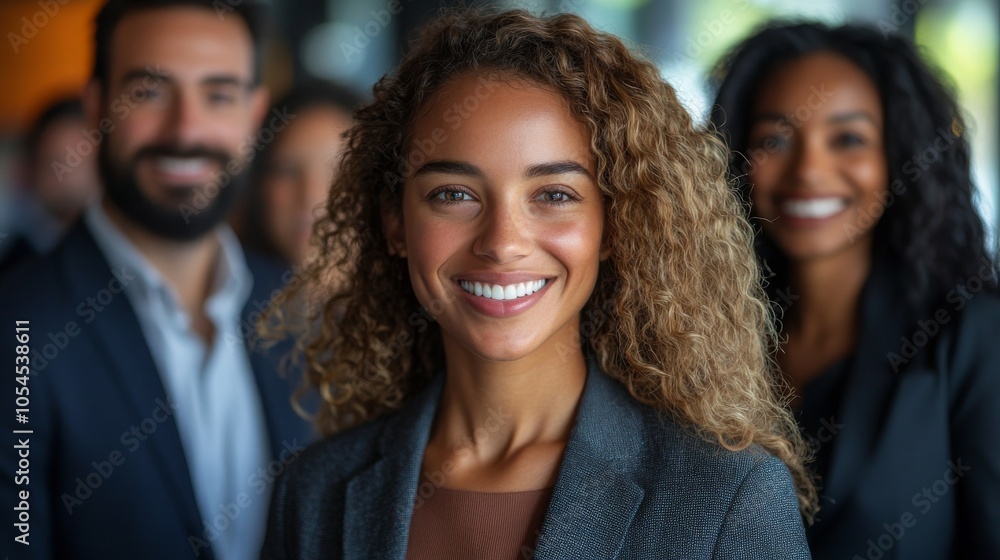 Diverse group of professionals smiling together in a modern office setting during a business meeting Diverse group of professionals smiling together in a modern office setting during a business meeting