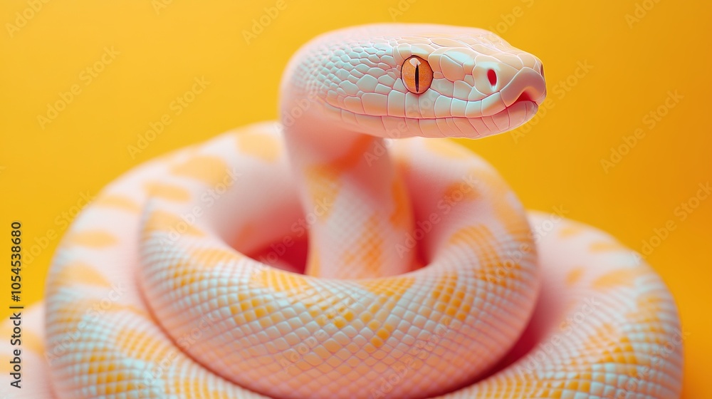 Fototapeta premium Coiled albino python on vibrant yellow background