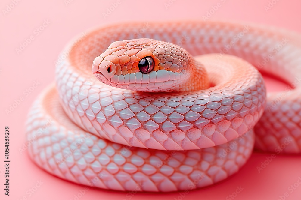 Fototapeta premium Coiled albino snake with pink and blue scales on pink