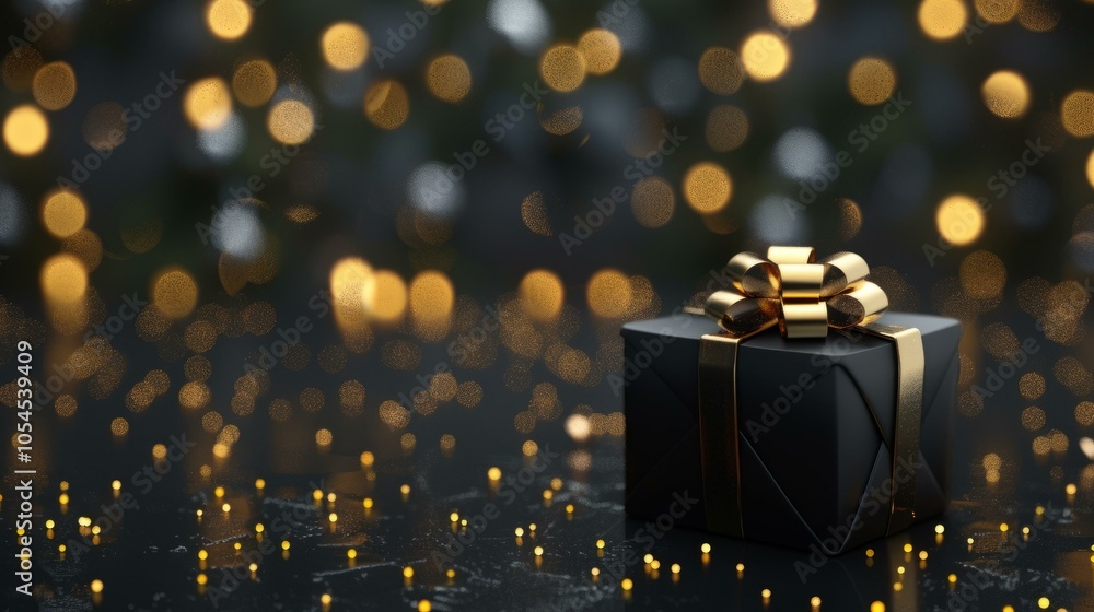 Elegant black gift box with gold ribbon and festive bokeh lights, ideal for Black Friday sales and holiday promotions Elegant black gift box with gold ribbon and festive bokeh lights, ideal for Black Friday sales and holiday promotions