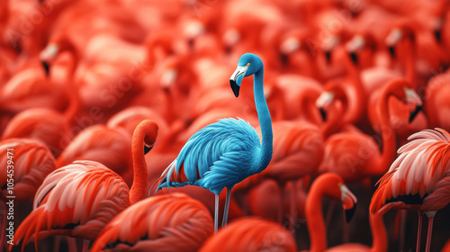 Unique Blue Flamingo Standing Out Among Red Flamingos.