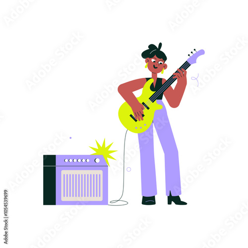Female musician playing electric guitar next to amplifier in flat vector illustration symbolizing live performance, music, and creativity, isolated on white background