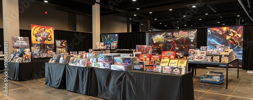 Comic convention setup with tables filled with colorful comics, posters, and merchandise under bright lights in an indoor venue.