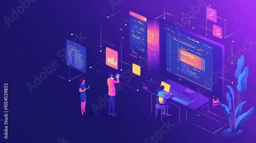 Exploring the Digital Realm: A Vibrant Illustration of Modern Coding and Data Interaction in a Tech-Driven World Full of Possibilities.