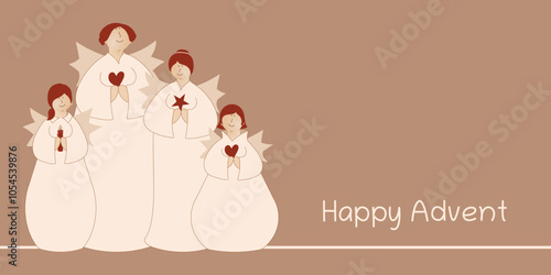 Happy Advent - Schriftzug in englischer Sprache - Fröhlicher Advent. Grußkarte mit vier niedlichen Engeln mit Kerzen, Herz und Stern.