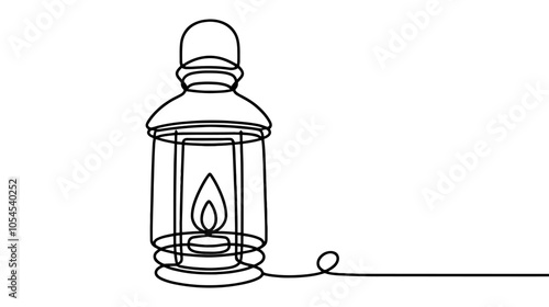 One continuous line illustration of an old street lantern with a candle burning inside, isolated on white background.