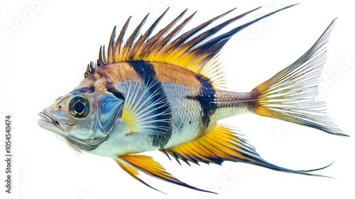 Roosterfish known for its striking patterns and prominent dorsal fins displays vivid coloration and intricate details in this isolated shot emphasizing its beauty. photo