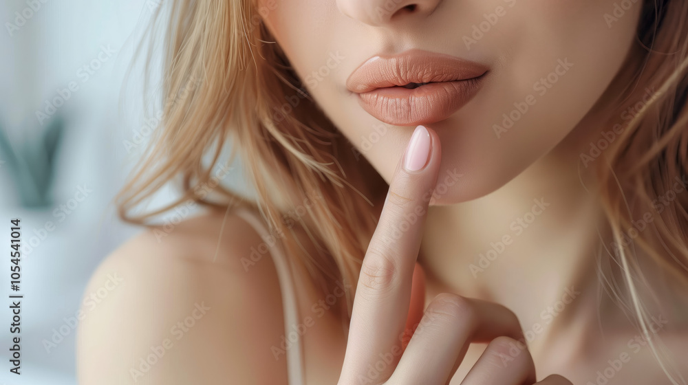 Close-up of a beautiful woman touching her lips with her finger on a white background, suggesting a beauty skincare concept with lip care Close-up of a beautiful woman touching her lips with her finger on a white background, suggesting a beauty skincare concept with lip care