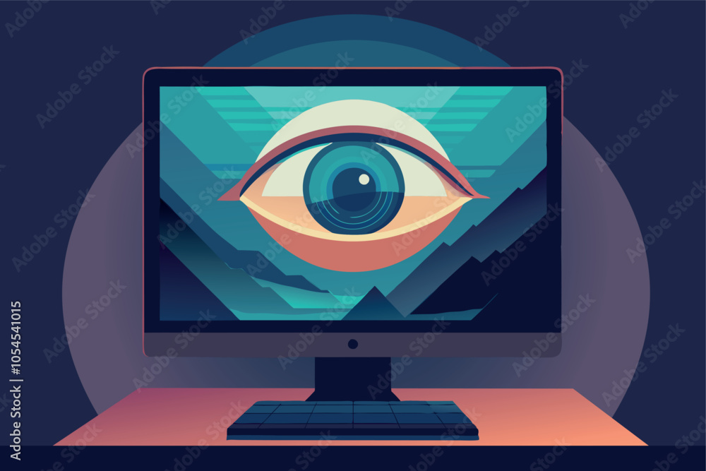 Big digital eye on the screen of PC monitor. Artificial intelligence technology concept design Big digital eye on the screen of PC monitor. Artificial intelligence technology concept design