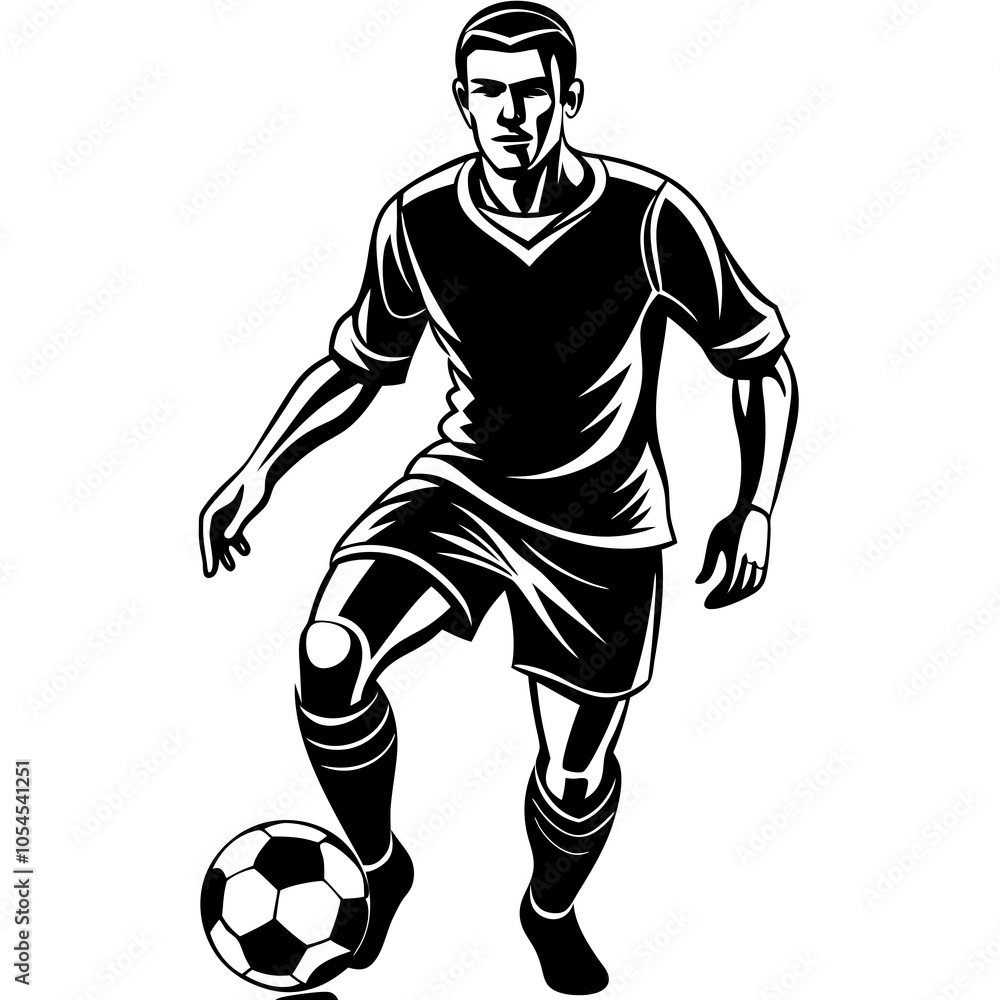 A stylized black and white design features a soccer player in motion, skillfully maneuvering a ball. Dynamic lines emphasize the athlete's energy and focus. A stylized black and white design features a soccer player in motion, skillfully maneuvering a ball. Dynamic lines emphasize the athlete's energy and focus.
