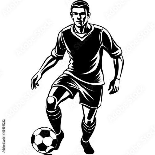 A stylized black and white design features a soccer player in motion, skillfully maneuvering a ball. Dynamic lines emphasize the athlete's energy and focus.