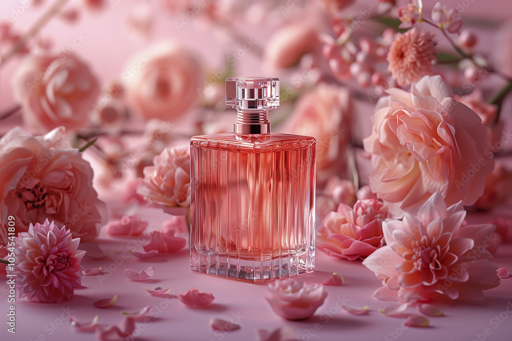 perfume bottle, roses, petals in splash. glass perfume bottle and perfume on the golden background. Present for wedding, Valentines, birthday for women. AI Generated perfume bottle, roses, petals in splash. glass perfume bottle and perfume on the golden background. Present for wedding, Valentines, birthday for women. AI Generated