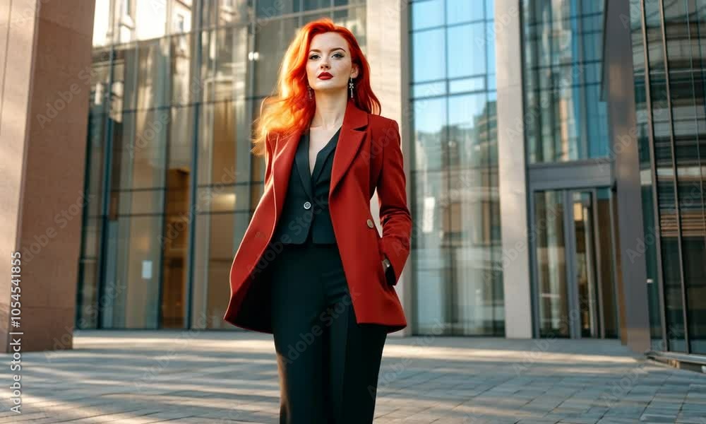 Redhead Woman in Black Suit and Red Blazer Walking in Front of a Modern Building Redhead Woman in Black Suit and Red Blazer Walking in Front of a Modern Building
