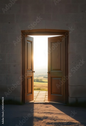 Sunlight streaming through an open door into a dark room  symbolizing hope and new opportunities.