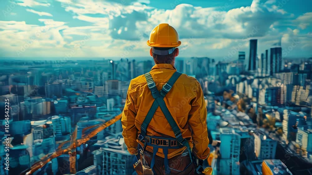 Back view of a construction worker in a hard hat and reflective jacket standing on the background of a building under construction Back view of a construction worker in a hard hat and reflective jacket standing on the background of a building under construction