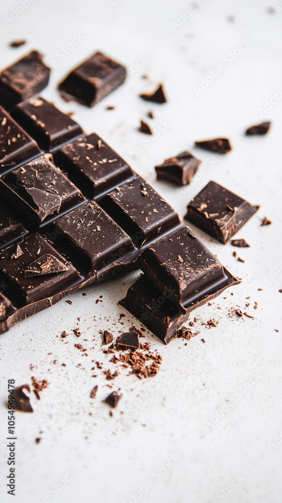broken chocolate bar on white background with cocoa powder and chocolate pieces broken chocolate bar on white background with cocoa powder and chocolate pieces