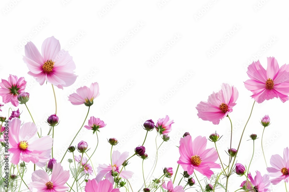Isolated pink cosmos flower in a meadow on a white background with copy space Floral border for spring or summer Banner style Isolated pink cosmos flower in a meadow on a white background with copy space Floral border for spring or summer Banner style