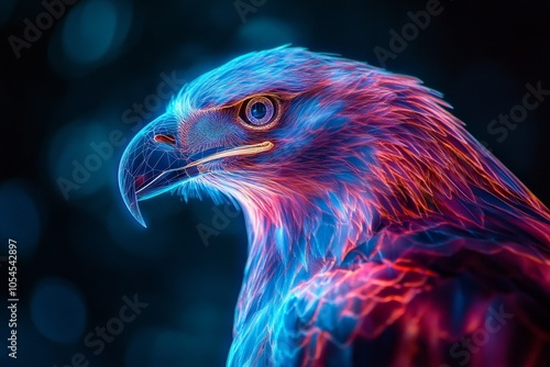 Vivid close up of a radiant digital eagle design showcasing colorful illumination photo