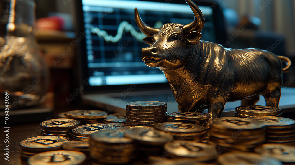 bitcoin and cryptocurrency coins alongside a golden bull, representing the finance market and a bullish trend