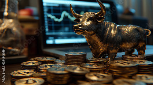 bitcoin and cryptocurrency coins alongside a golden bull, representing the finance market and a bullish trend
