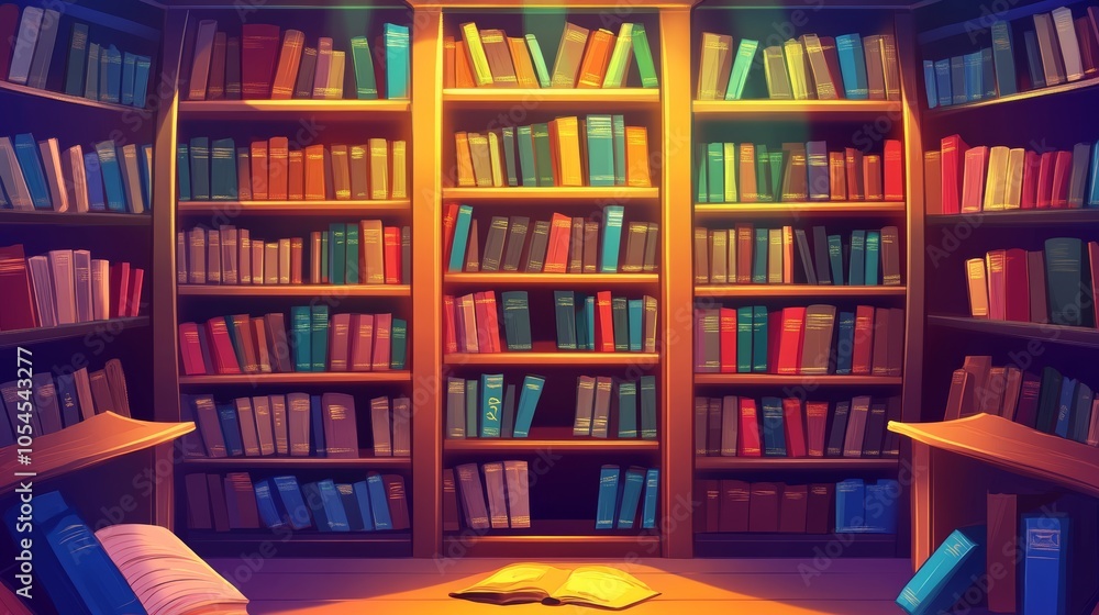 A large bookshelf filled with books in a warmly lit library, offering a serene and inviting atmosphere for reading and exploration of knowledge. A large bookshelf filled with books in a warmly lit library, offering a serene and inviting atmosphere for reading and exploration of knowledge.