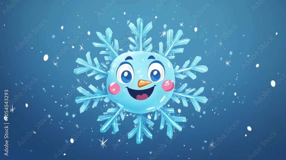 A cute snowflake character, smiling against a snowy winter backdrop, embodying the charm and joy of the winter season with friendly expression. A cute snowflake character, smiling against a snowy winter backdrop, embodying the charm and joy of the winter season with friendly expression.
