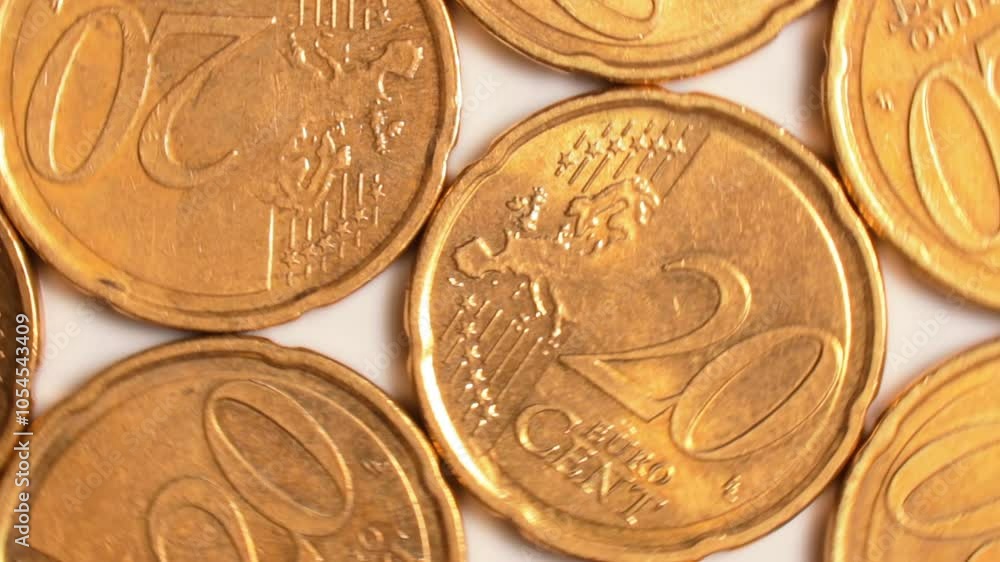 20 Euro Cent Coins, Rotating Money Background - Top View, Macro. Euro Money Currency. A Lot of Twenty Cent Cash. Golden Eurocents. Business, Finances and Money Saving Concept - Slow Rotation Right 20 Euro Cent Coins, Rotating Money Background - Top View, Macro. Euro Money Currency. A Lot of Twenty Cent Cash. Golden Eurocents. Business, Finances and Money Saving Concept - Slow Rotation Right