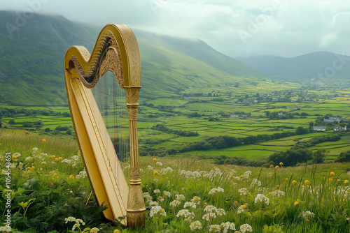 Beautifully crafted golden harp set against lush rolling landscapes and misty mountains photo