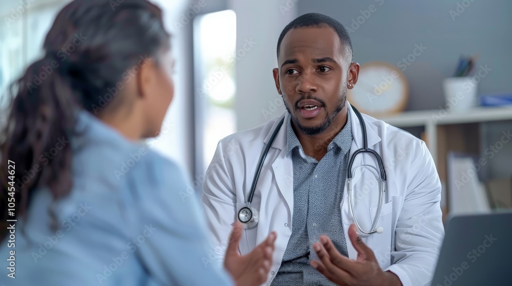 A doctor explaining treatment options to a concerned patient A doctor explaining treatment options to a concerned patient