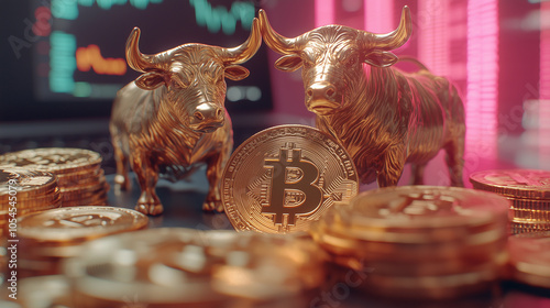 Obraz na płótnie bitcoin and cryptocurrency coins alongside a golden bull, representing the finance market and a bullish trend w salonie
