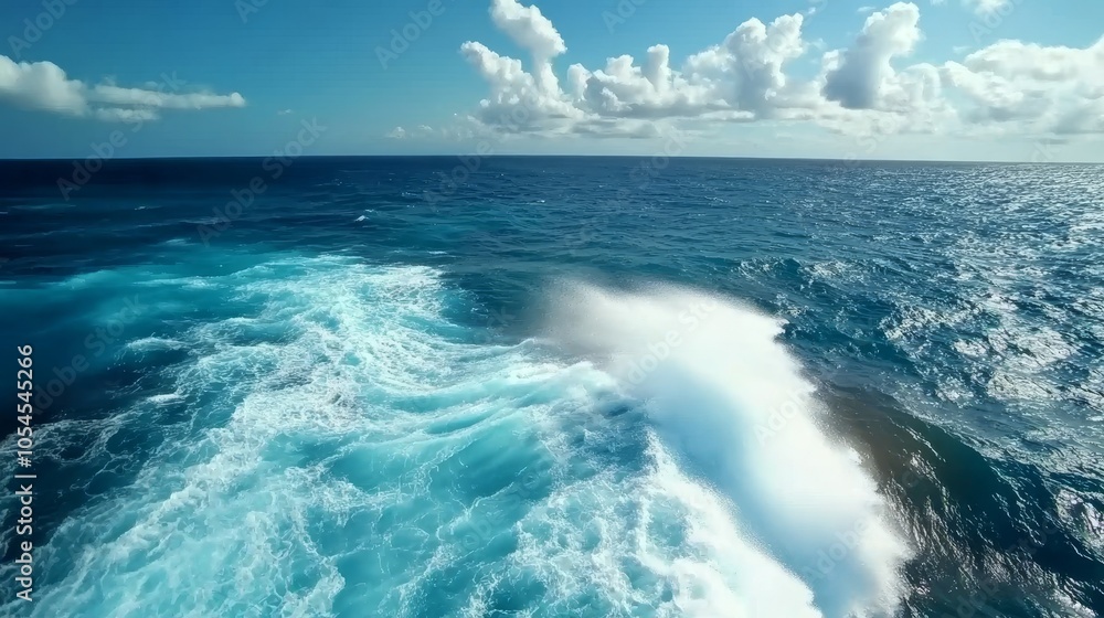 Dance of the Waves: A Stunning Ocean View with Turquoise Hues and Fluffy Clouds Capturing Nature's Splendor and Tranquility Today. Dance of the Waves: A Stunning Ocean View with Turquoise Hues and Fluffy Clouds Capturing Nature's Splendor and Tranquility Today.