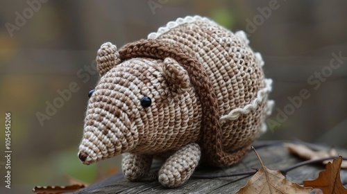 A cute, handcrafted crocheted armadillo toy resting on a rustic wooden surface surrounded by autumn leaves, showcasing art and creativity with a whimsical touch. photo