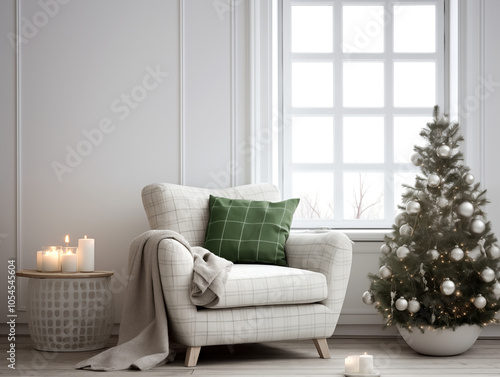 Modern and classic styles inspired scandinavian living room with Christmas tree and Christmas decor and Christmas tartan plaid accents. Festive season interior. photo