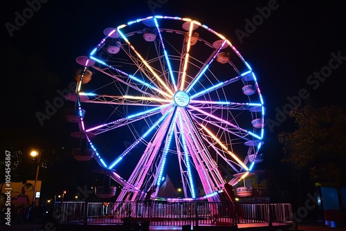 A vibrant Ferris wheel illuminated with colorful lights against the night sky, creating a captivating and festive atmosphere.