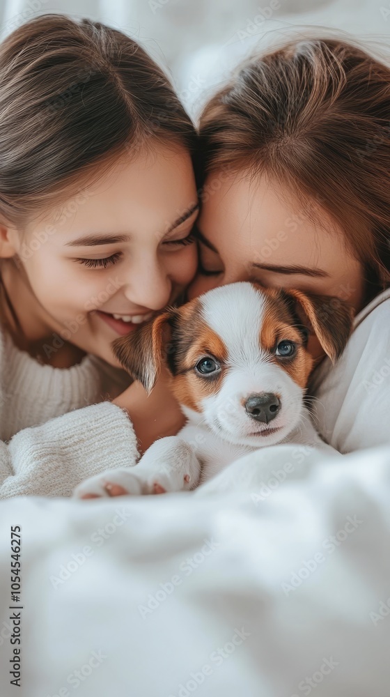 Loving Moments: Two Women Cuddling with a Cute Puppy in a Cozy Home Setting Loving Moments: Two Women Cuddling with a Cute Puppy in a Cozy Home Setting