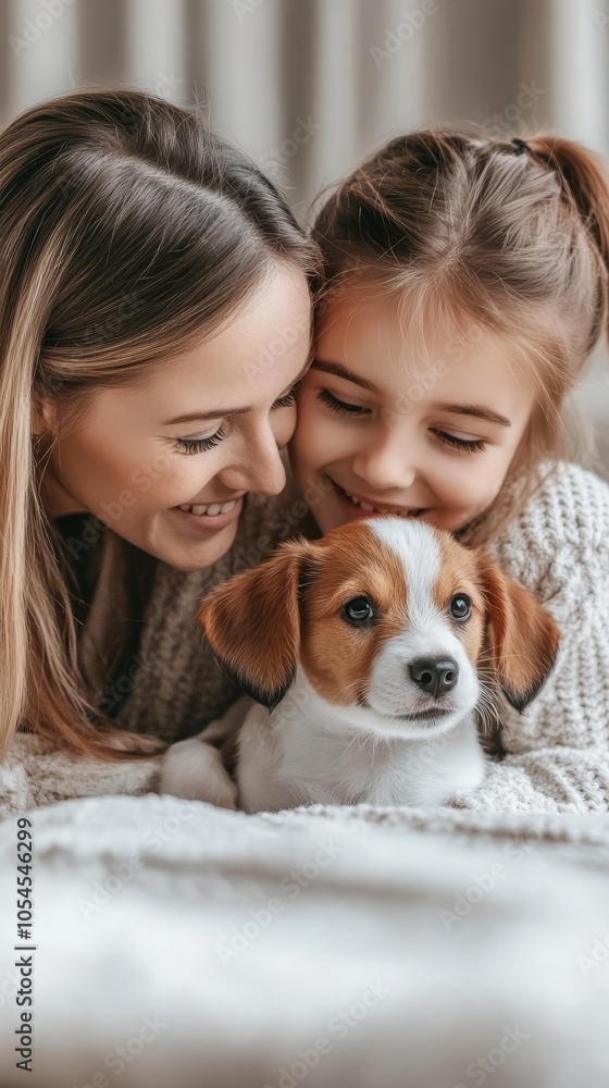 A Loving Moment: Mother and Daughter Cuddling with a Puppy A Loving Moment: Mother and Daughter Cuddling with a Puppy
