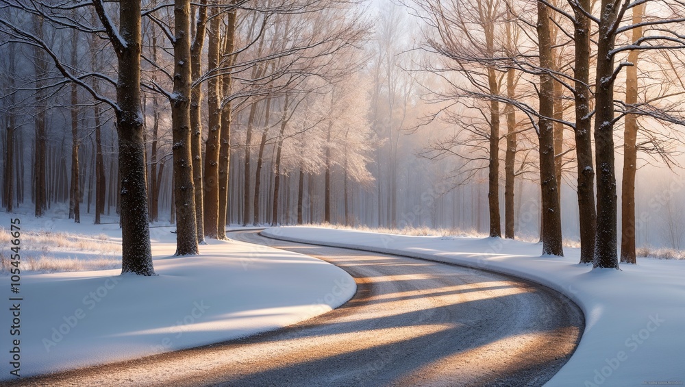 Snowy winding road through bare trees in winter sunrise Snowy winding road through bare trees in winter sunrise