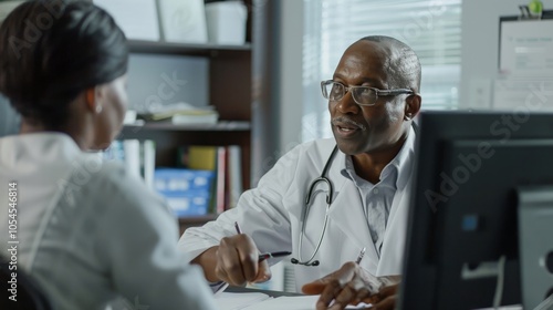 A doctor reviewing a patient's medical history with them photo