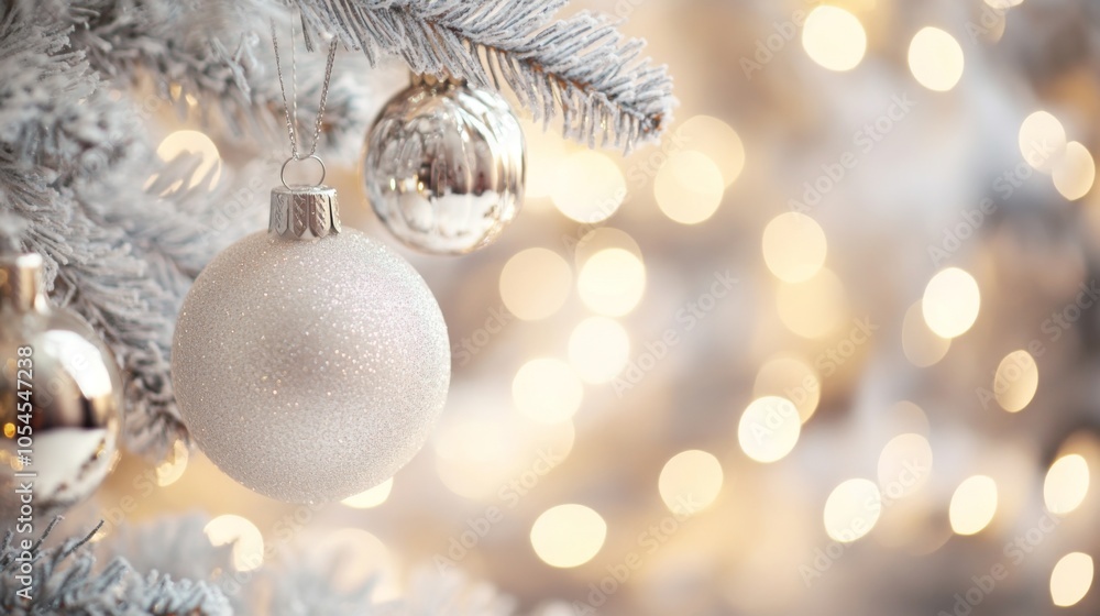 Christmas background. Elegant white Christmas Ornament on Frosted Tree Branch with Warm Bokeh Lights Background Christmas background. Elegant white Christmas Ornament on Frosted Tree Branch with Warm Bokeh Lights Background