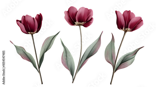 cute tulip flower embroidery style png cut out element set 