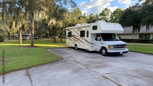 A recreational vehicle is parked on a gravel driveway, framed by lush grass and trees in a residential neighborhood during the late afternoon, highlighting a peaceful atmosphere