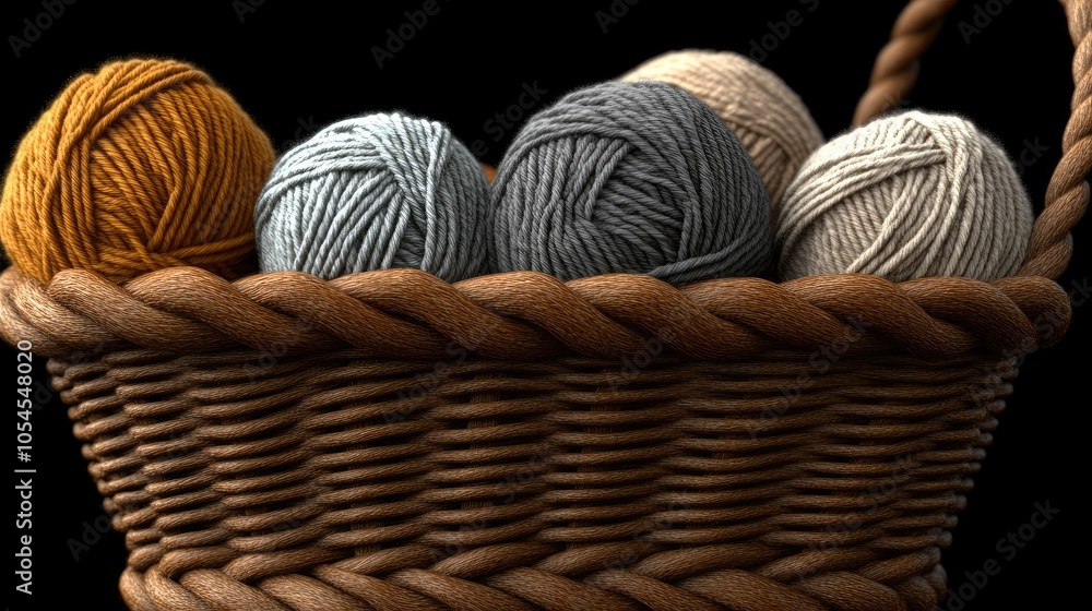 Rustic yarns in varied earthy tones are neatly arranged alongside a basket of spools, enhancing the cozy atmosphere of the setting Rustic yarns in varied earthy tones are neatly arranged alongside a basket of spools, enhancing the cozy atmosphere of the setting