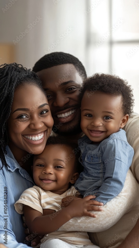 Happy Family Portrait with Two Children in a Bright Home Setting Happy Family Portrait with Two Children in a Bright Home Setting